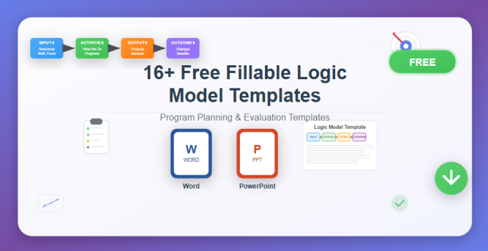 Downloadable logic model templates in Word and PowerPoint with fillable sections for outcomes, activities, and goals.