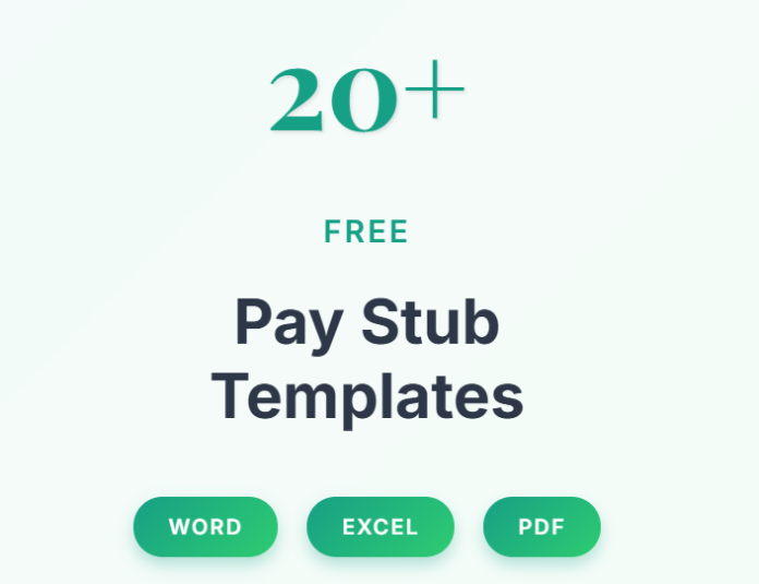 Image showing editable pay stub templates in Word, Excel, and PDF, designed for payroll and employee salary documentation.