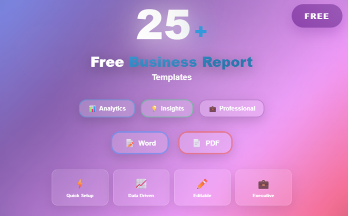 Image showing a selection of business report templates in Word and PDF formats, used to present data, insights, and business performance professionally.