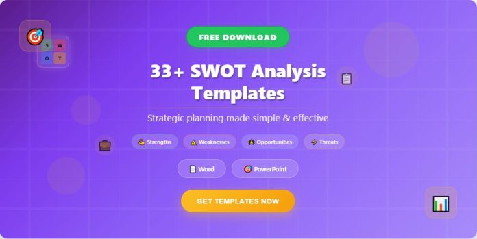 Image displaying a collection of free SWOT analysis templates in Word and PowerPoint, used for strategic decision-making and business evaluation.