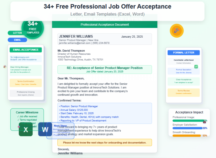 Image showing job offer acceptance letter and email templates in Word and Excel formats, designed for professional communication with employers.