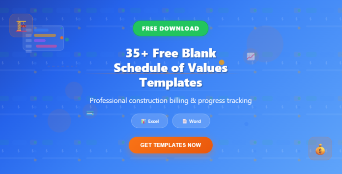 Image featuring a collection of blank Schedule of Values templates in Excel and Word formats, used for tracking construction billing and project cost breakdowns.