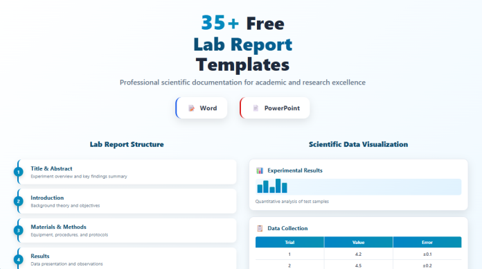 Image displaying a variety of lab report templates in Word and PowerPoint formats, used for recording scientific experiments and results.