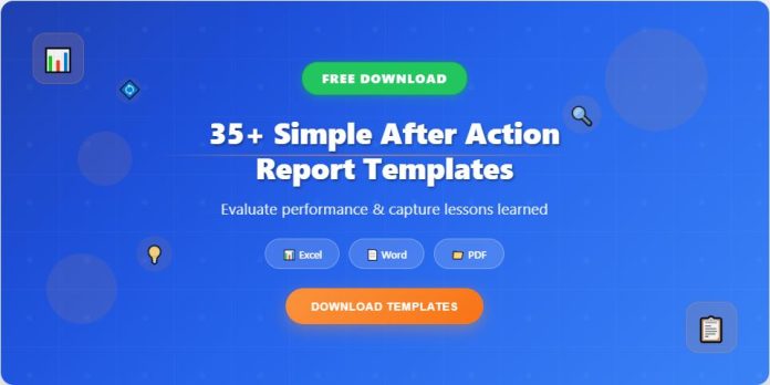 Image showing a collection of free After Action Report templates designed for reviewing project outcomes and performance improvements.