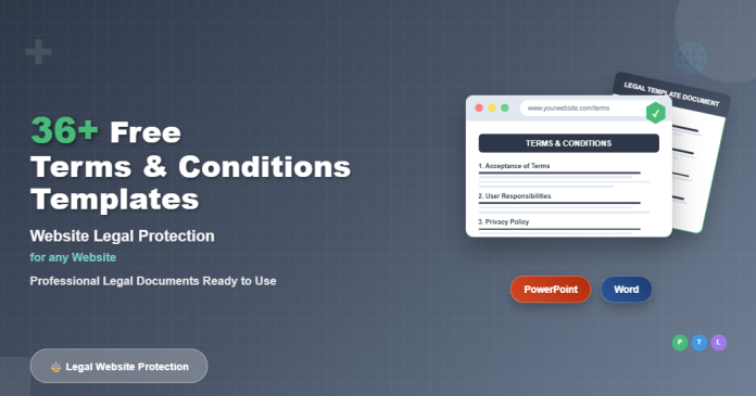 Preview of customizable Terms and Conditions templates for websites in Word and PowerPoint.