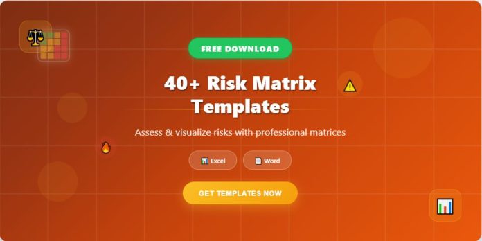 Image displaying a selection of free risk matrix templates in Excel and Word, designed to evaluate and prioritize project or business risks visually.