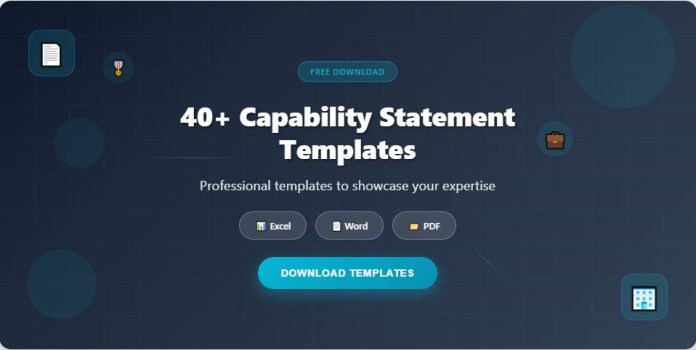 Image displaying a variety of free capability statement templates designed for professional presentations, highlighting business qualifications and services.