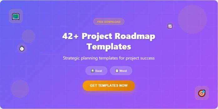 Image featuring a collection of free project roadmap templates in Excel and Word formats, designed for planning timelines, milestones, and project phases.
