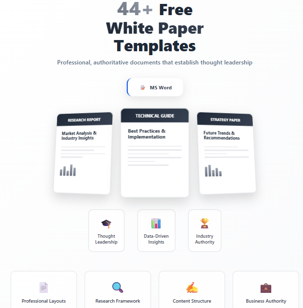 Image displaying a variety of white paper templates in MS Word format, used for professional reports, proposals, and industry research papers.
