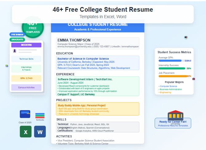 Image showcasing resume templates for college students in Excel and Word formats, featuring modern, clean designs for job and internship applications.