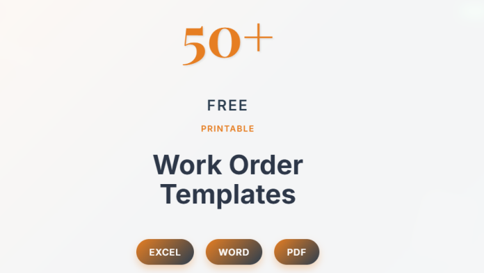 Image showing printable work order templates in Excel, Word, and PDF, used for tracking jobs and service tasks.