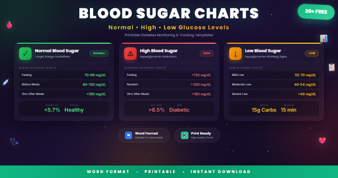 Free printable blood sugar charts in Word for tracking normal, high, and low glucose levels