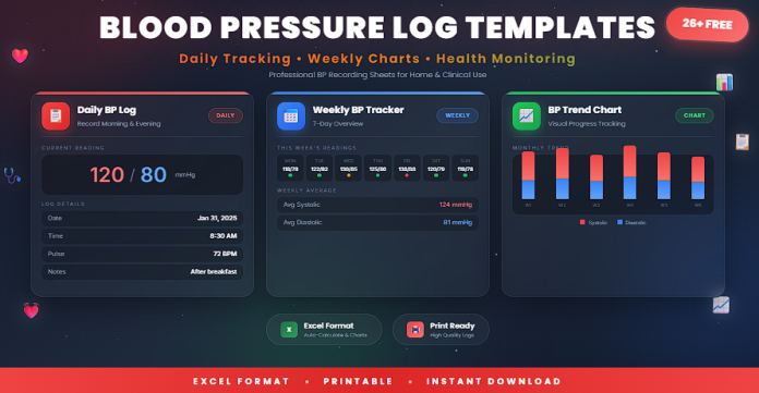 Free printable blood pressure log templates in Excel for daily blood pressure tracking