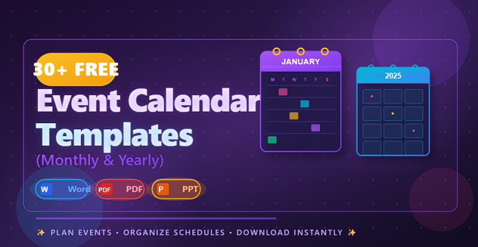 Free event calendar templates for monthly and yearly planning in Word, PDF, and PPT