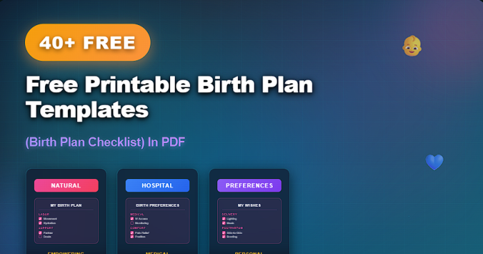 A calm, professional visual representing free printable birth plan templates used by expecting parents to outline labor preferences, pain management options, delivery choices, and postpartum care in PDF format.