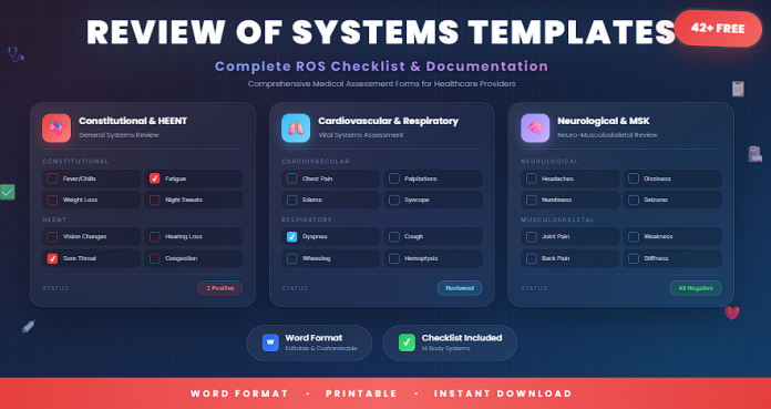 Free Review of Systems templates and checklists in Word for clinical documentation