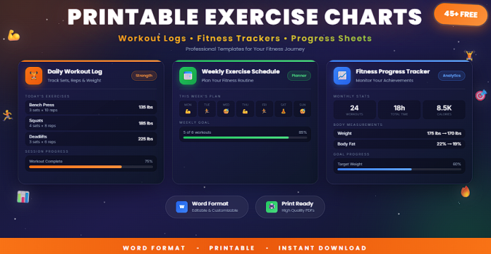 Free printable exercise charts in Word for workout planning and fitness tracking