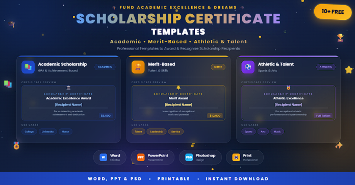 Free scholarship certificate templates in Word, PPT, and PSD formats