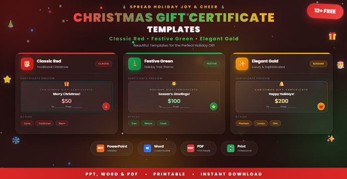 Free Christmas gift certificate templates in PPT, Word, and PDF formats