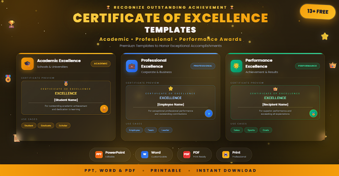 Free certificate of excellence templates in PPT, Word, and PDF