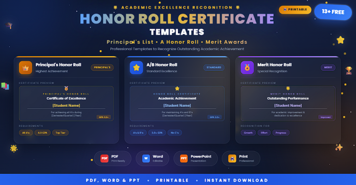 Free printable honor roll certificate templates in PDF, Word, and PowerPoint