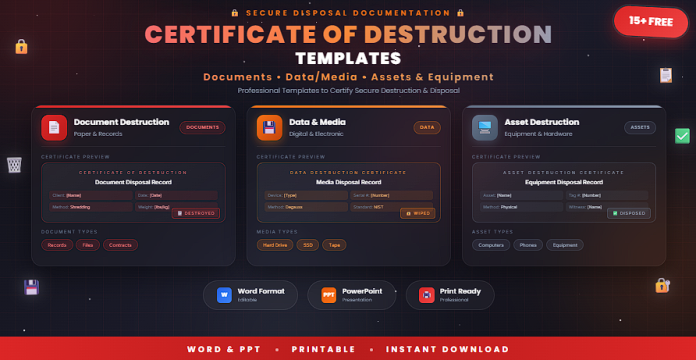 Free certificate of destruction templates in Word and PowerPoint for compliance and data disposal