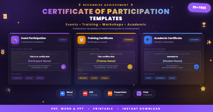 Free certificate of participation templates in PDF, Word, and PowerPoint