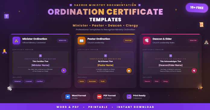 Free ordination certificate templates in Word and PDF for ministers and clergy