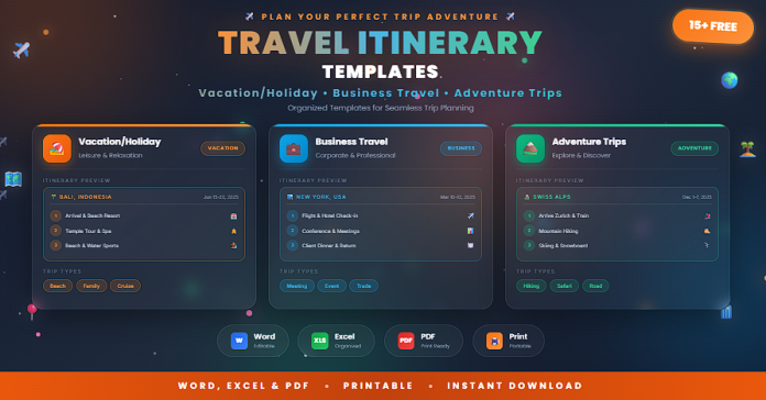 Free travel itinerary templates in Word, Excel, and PDF formats