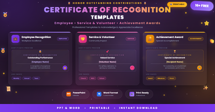Free printable certificate of recognition templates in PPT and Word