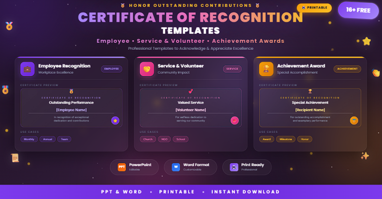 16+ Free Printable Certificate of Recognition Templates In (PPT And ...