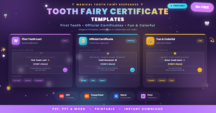 Free printable tooth fairy certificates in PDF, PowerPoint, and Word