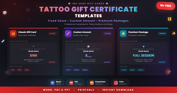 Free tattoo gift certificate templates in Word, PDF, and PowerPoint