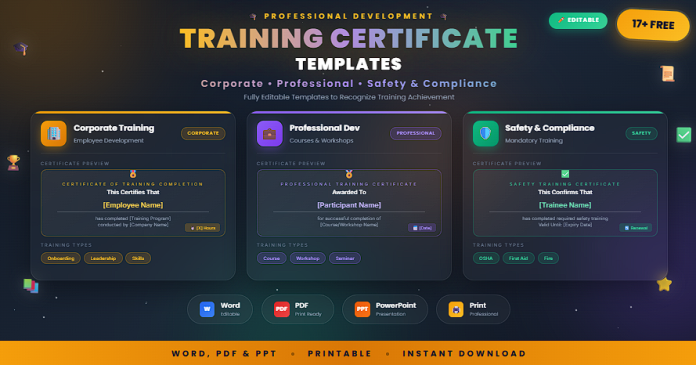 Free editable training certificate templates in Word, PDF, and PowerPoint