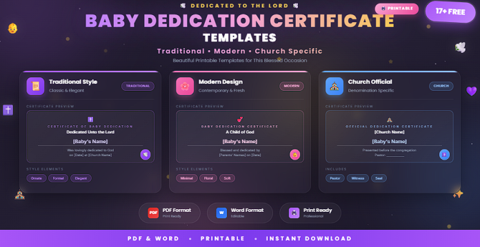 Free printable baby dedication certificate templates in PDF and Word