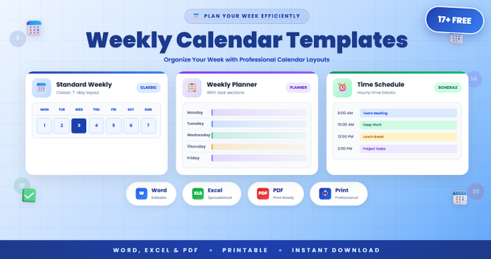 Free weekly calendar templates in Word, Excel, and PDF formats