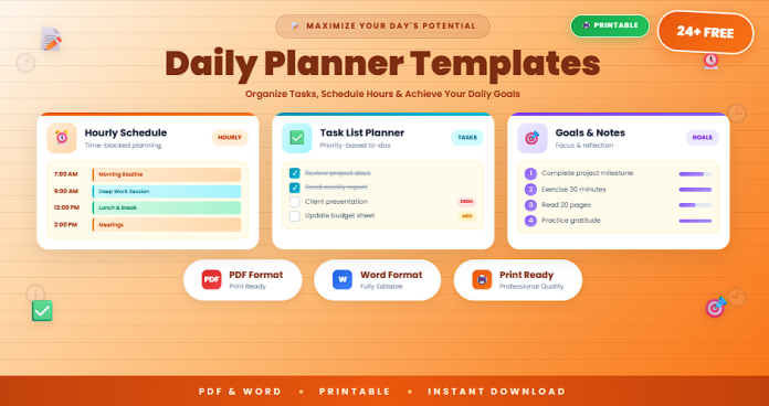 Free printable daily planner templates in PDF and Word formats