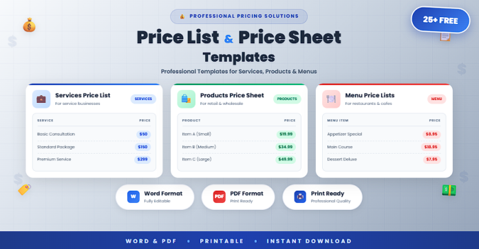 Free price list templates and price sheet templates in Word and PDF formats