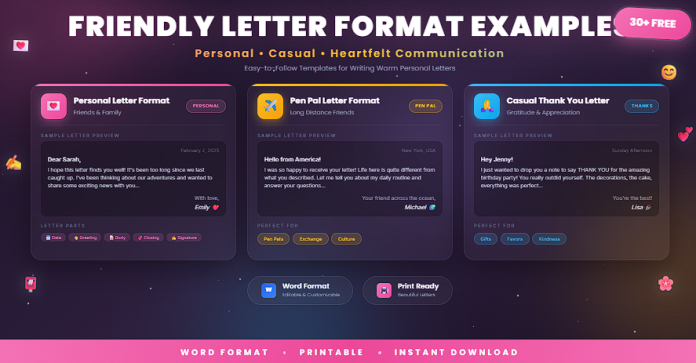 Free friendly letter format examples in Word for personal and informal writing