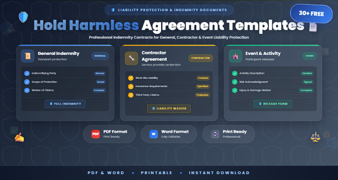 Free hold harmless agreement templates in PDF and Word