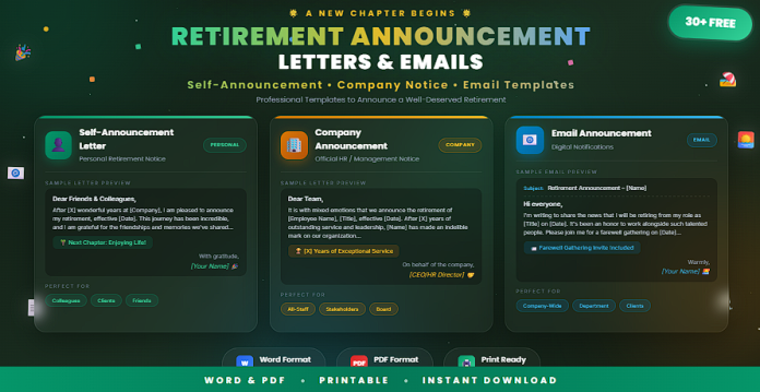 Free professional retirement announcement letter and email templates in Word,pdf