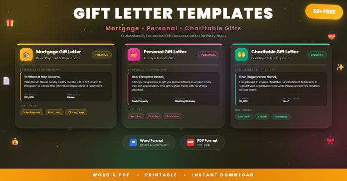 Free gift letter templates in Word and PDF for financial and personal documentation