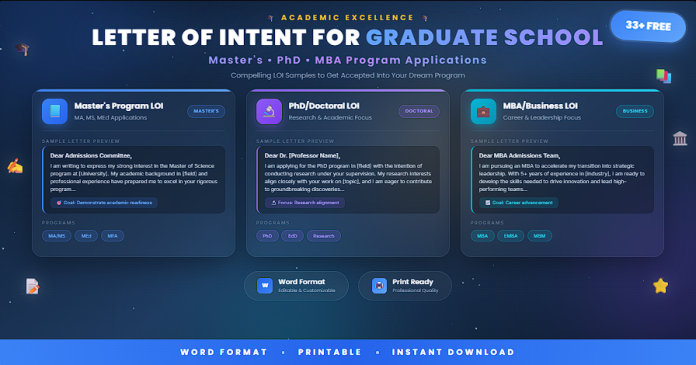 Free letter of intent for graduate school samples in Word for academic applications