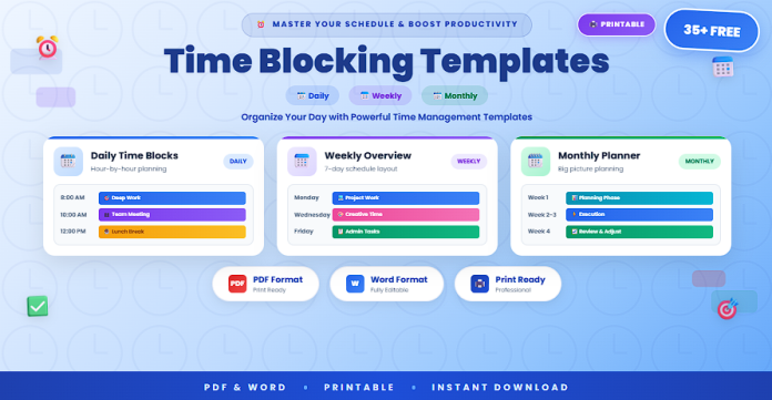 Free printable time blocking templates in PDF and Word for weekly, daily, and monthly planning