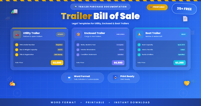 Free printable trailer bill of sale templates in Word