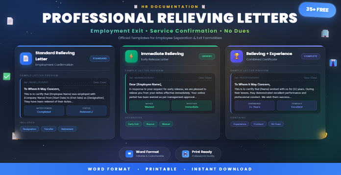 Free professional relieving letter templates in Word for employee exit confirmation