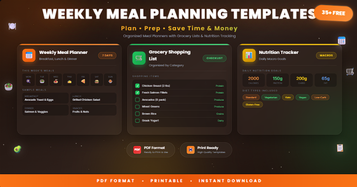 Free weekly meal planning templates in PDF for organized meal preparation
