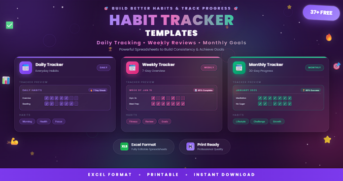 Free habit tracker templates in Excel for daily, weekly, and monthly tracking