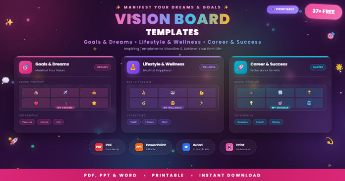 Free printable vision board templates in PDF, PPT, and Word formats