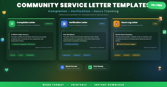 Free community service letter templates in Word for completion and verification of volunteer hours